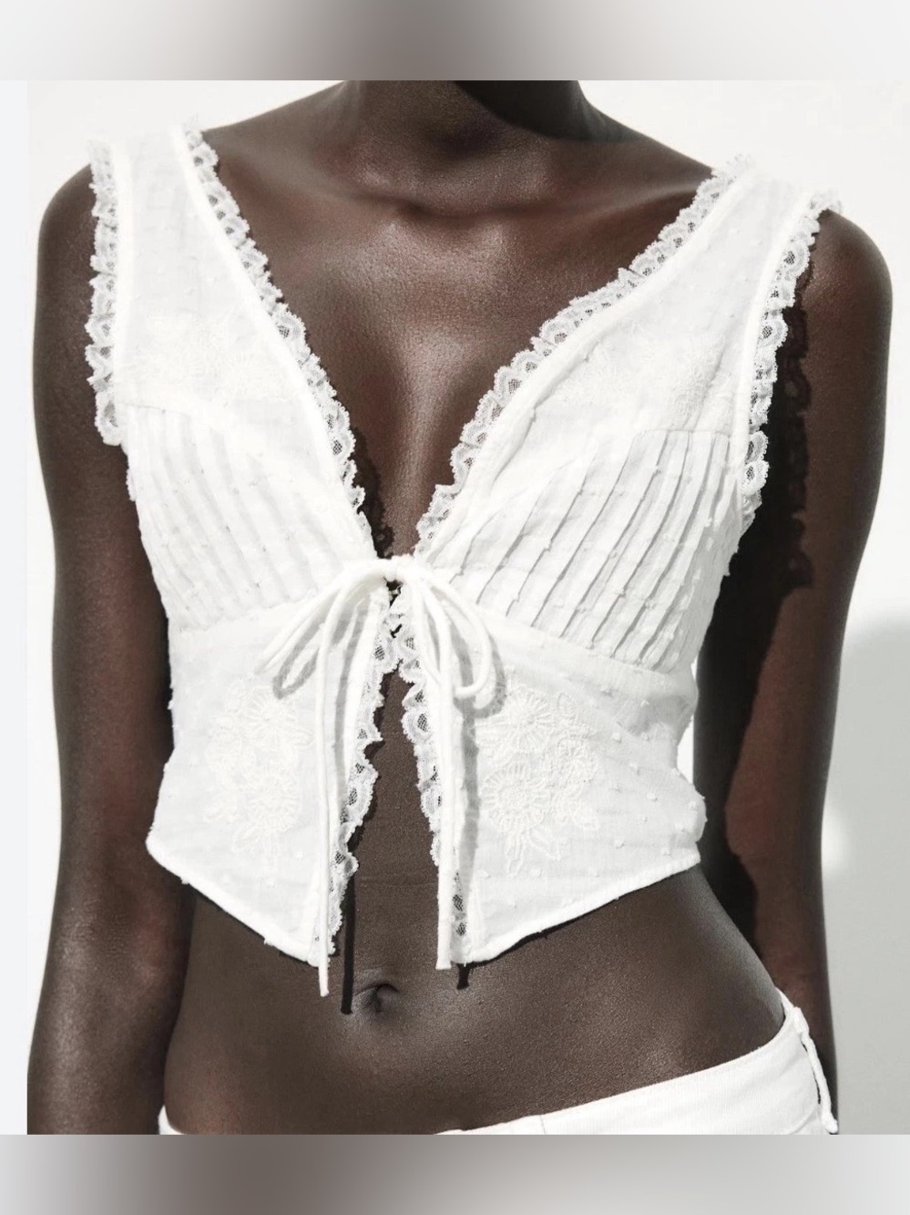 Zara White Lace Tie-Front Cropped Tank
